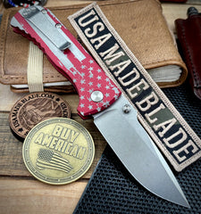 Defiant-7 Talos Button Lock Battled Stars & Stripes with Magnacut Blade and Red Hardcoat Anodized Aluminum Handles