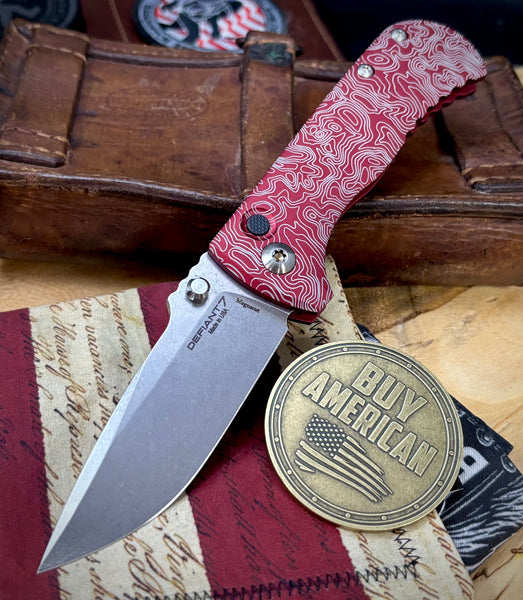 Topo Defiant-7 Talos Button Lock with Magnacut Blade and customized Red Hardcoat Anodized Aluminum Handles