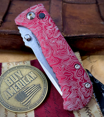Topo Defiant-7 Talos Button Lock with Magnacut Blade and customized Red Hardcoat Anodized Aluminum Handles