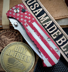 Defiant-7 Talos Button Lock Battled Stars & Stripes with Magnacut Blade and Red Hardcoat Anodized Aluminum Handles