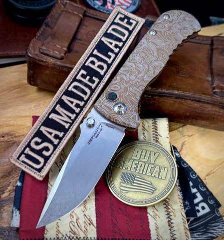 Topo Defiant-7 Talos Button Lock with Magnacut Blade and customized Tan Hardcoat Anodized Aluminum Handles