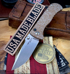 Topo Defiant-7 Talos Button Lock with Magnacut Blade and customized Tan Hardcoat Anodized Aluminum Handles