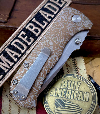 Topo Defiant-7 Talos Button Lock with Magnacut Blade and customized Tan Hardcoat Anodized Aluminum Handles