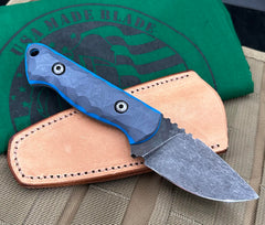 Neely Knife & Tool Bantam with textured Double Blue G10, Jou Fuu Leather Sheath, and 1095 Steel - USA MB