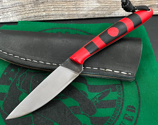 T.M. Custom Knives Bird and Trout Knife Bullseye Red/Black Handles and O1